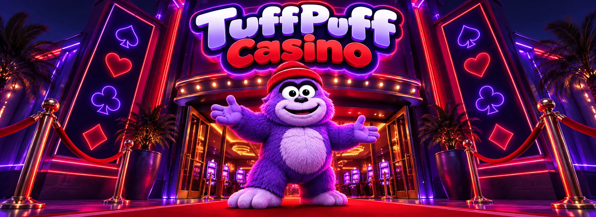 TuffPuff Casino Nederland met paarse mascotte in rode muts en welkomstpakket tot € 2.500